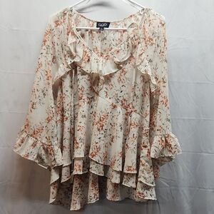 GiGiO Floral Boho, Ruffle Women's Top - Cream and Salmon Sheer, Size Small